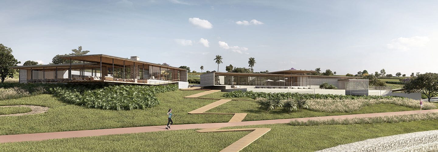 Perspectiva artística da vista externa dos restaurantes com os píeres