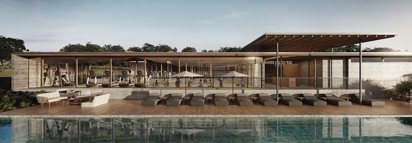 Perspectiva artística da piscina com raia e borda infinita para a represa