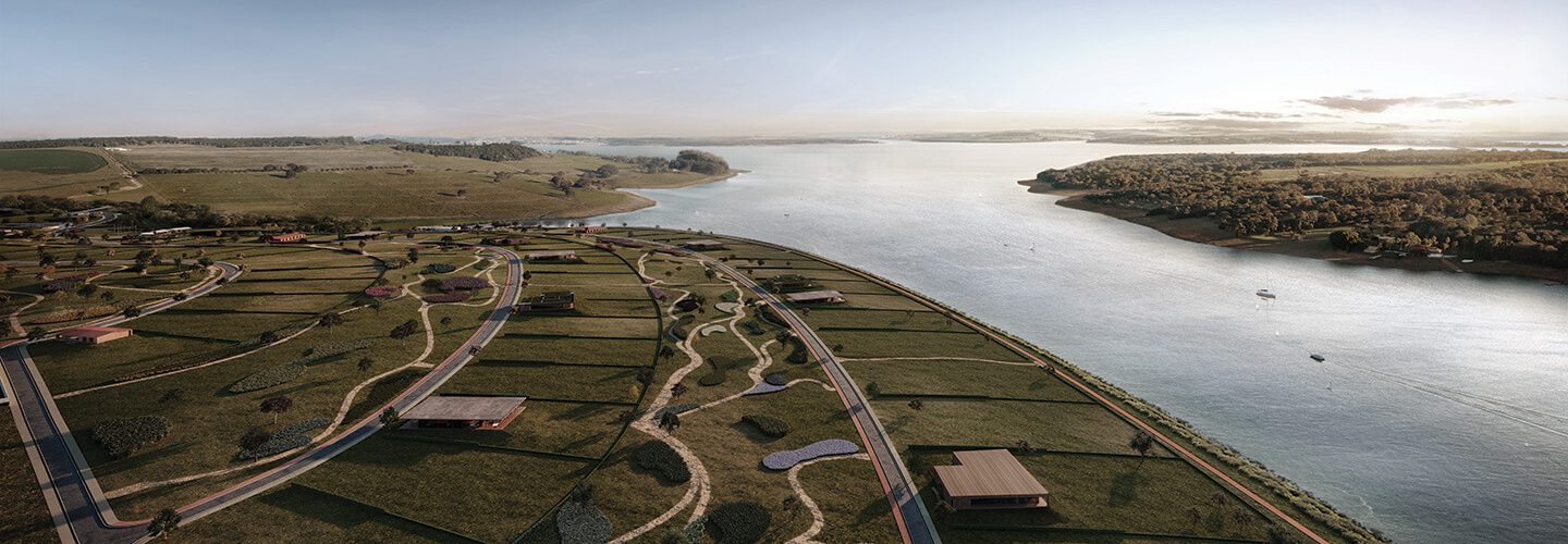 Perspectiva artística do voo com vista dos terrenos e parque linear