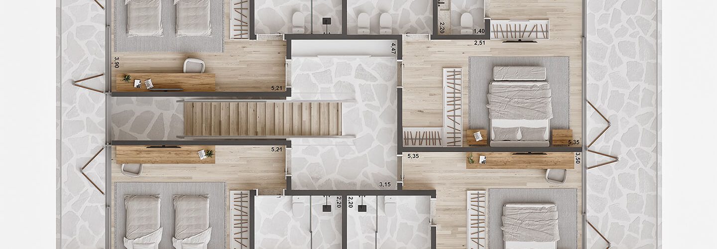 Planta do 1° pavimento banhos Sr. e Sra. na suíte master